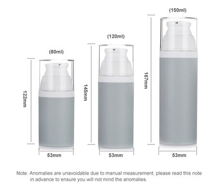 Bouteille de pompe sans air de couleur grise 80 ml, 3 tailles, bouteille sans air en plastique en option pour cosmétiques